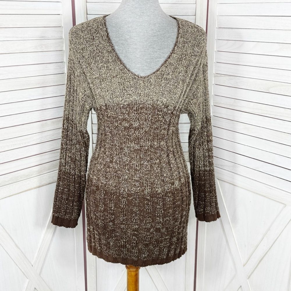 Carriage Court Vintage Marled Ombre Ribbed Knit V Neck Tunic Sweater Brown Small